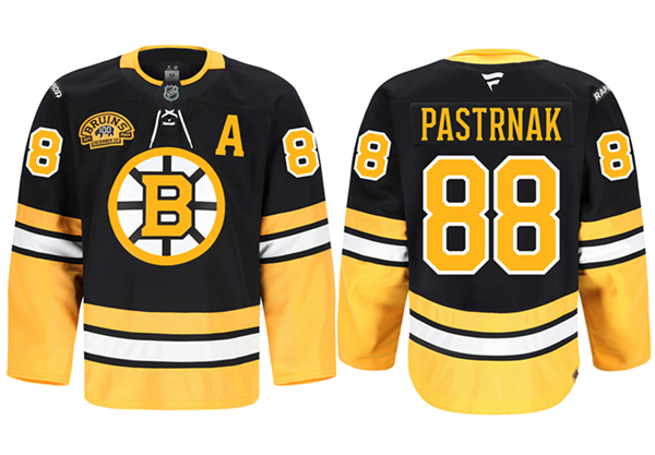 Men's Boston Bruins #88 David Pastrnak Black 2024 100th Anniversary Patch Stitched Game Jersey
