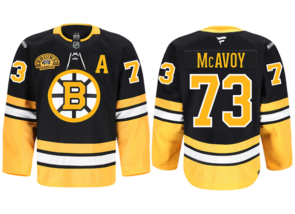 Men's Boston Bruins #73 Charlie McAvoy Black 2024 100th Anniversary Patch Stitched Game Jersey