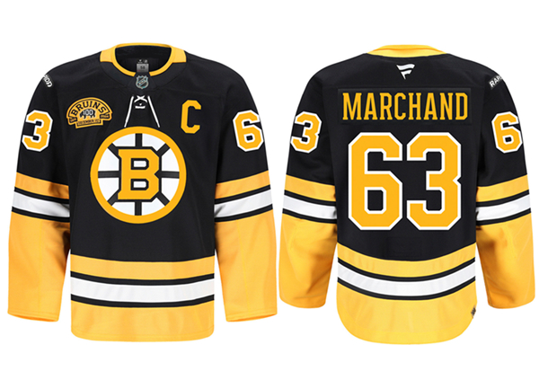 Men's Boston Bruins #63 Brad Marchand Black 2024 100th Anniversary Patch Stitched Game Jersey