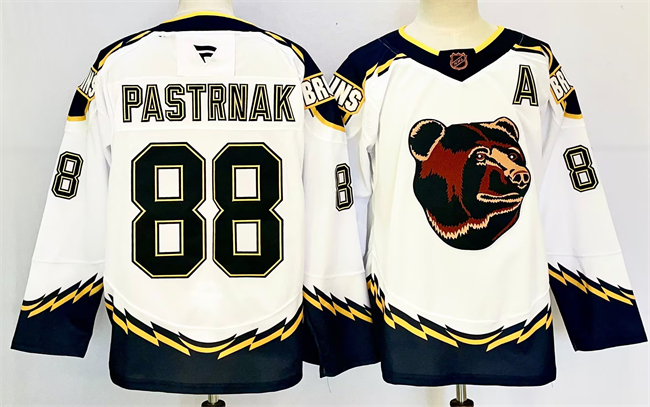 Men's Boston Bruins #88 David Pastrnak White 2024-25 With A Patch Reverse Retro Home Stitched NHL Hockey Jersey