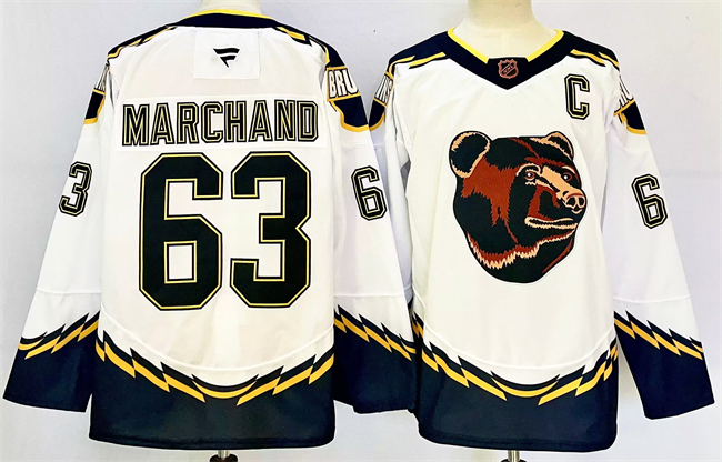 Men's Boston Bruins #63 Brad Marchand White 2024-25 With C Patch Reverse Retro Home Stitched NHL Hockey Jersey