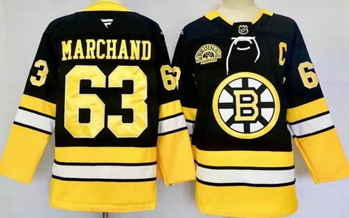 Men's Boston Bruins #63 Brad Marchand Black 100th Anniversary With C Patch Authentic NHL Stitched Hockey Jersey