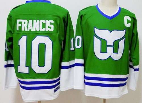Men's Hartford Whalers #10 Ron Francis Kelly Green Throwback NHL Stitched Hockey Jersey
