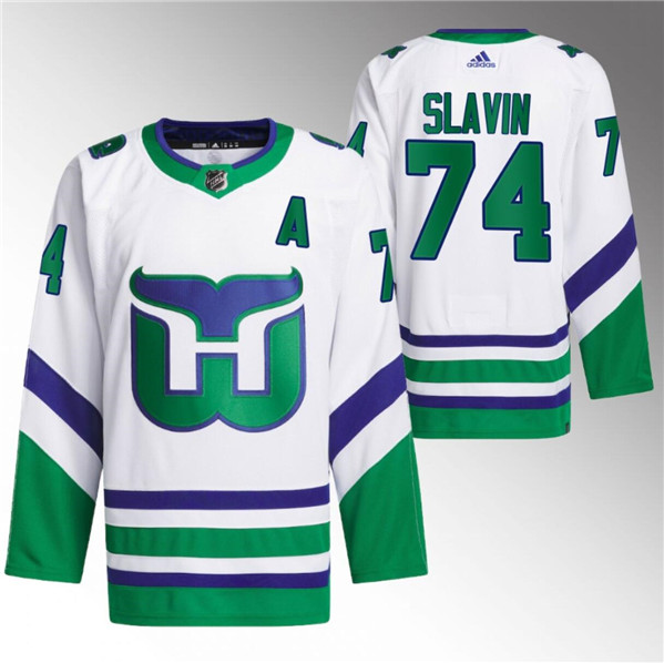 Men's Hartford Whalers #74 Jaccob Slavin White 2023-24 Stitched Jersey