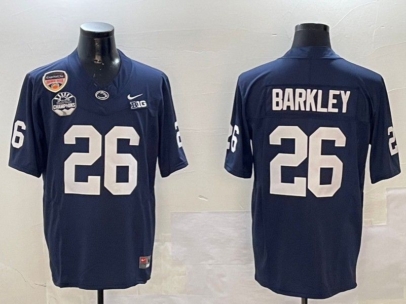 Men's Penn State Nittany Lions #26 Saquon Barkley Navy 2024 Fiesta Bowl Champions and Orange Bowl Patch F.U.S.E. Vapor Limited Stitched Jersey