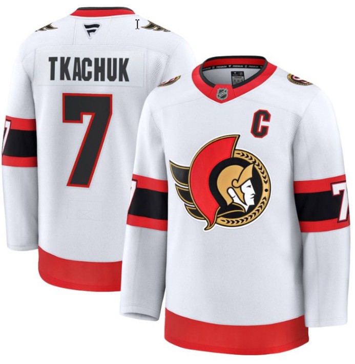 Men's Ottawa Senators #7 Brady Tkachuk White 2025 Premium Away Stitched Hockey Jersey