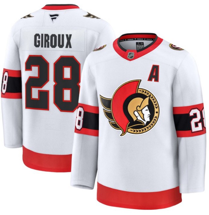 Men's Ottawa Senators #28 Claude Giroux White 2025 Premium Away Stitched Hockey Jersey