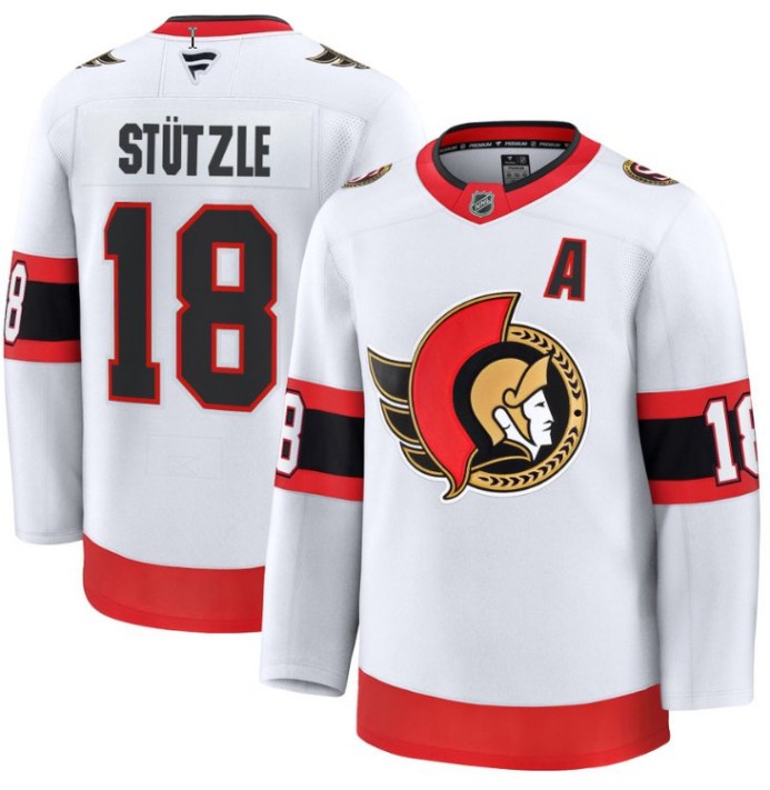Men's Ottawa Senators #18 Tim Stutzle White 2025 Premium Away Stitched Hockey Jersey