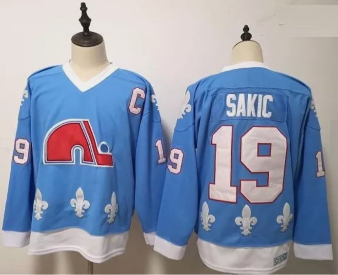 Men's Quebec Nordiques #19 Joe Sakic Light Blue Replica Vintage Stitched Hockey Jersey