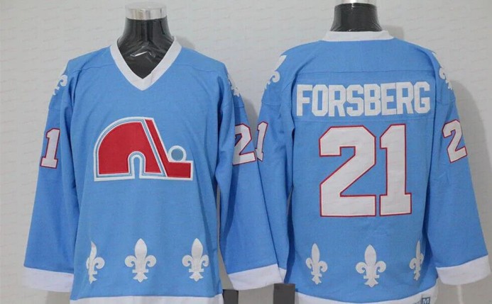 Men's Quebec Nordiques #21 Peter Forsberg Light Blue Replica Vintage Stitched Hockey Jersey