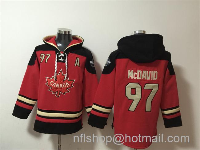 Men's Team Canada #97 Connor McDavid 2025 4 Nations Face-Off Red Black Ageless Must-Have Lace-Up Pullover Hoodie