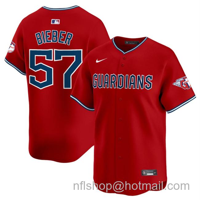 Men's Cleveland Guardians #57 Shane Bieber Red Alternate Limited Stitched Baseball Jersey