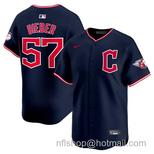 Men's Cleveland Guardians #57 Shane Bieber Navy 2025 Alternate Limited Stitched Baseball Jersey