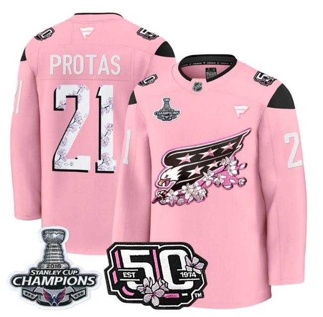 Men's Aliaksei Protas #21 Washington Capitals 50th 2018 Stanley Cup Champions Patch Cherry Blossom Stitched NHL Jersey
