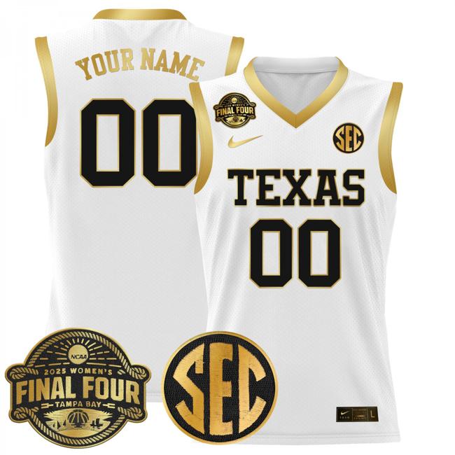 Custom Nike Texas Longhorns 2025 NCAA Women's Basketball Sec Final Four Patch Stitched Jersey White Gold