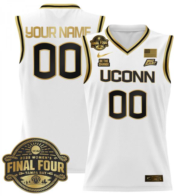 Custom Nike UConn Huskies 2025 NCAA Women's Basketball Big East Final Four Patch Stitched Jersey White Gold