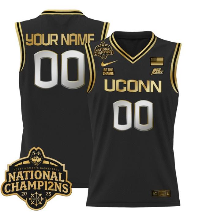 Custom Nike UConn Huskies 2025 NCAA Women's Basketball National Champions Patch Stitched Jersey Black Gold