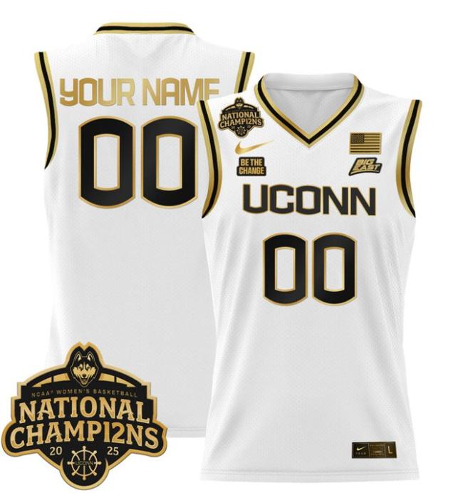 Custom Nike UConn Huskies 2025 NCAA Women's Basketball National Champions Patch Stitched Jersey White Gold