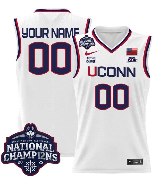 Custom Nike UConn Huskies 2025 NCAA Women's Basketball National Champions Patch Stitched Jersey White