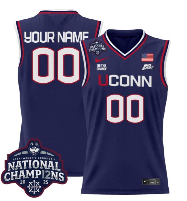 Custom Nike UConn Huskies 2025 NCAA Women's Basketball National Champions Patch Stitched Jersey Navy