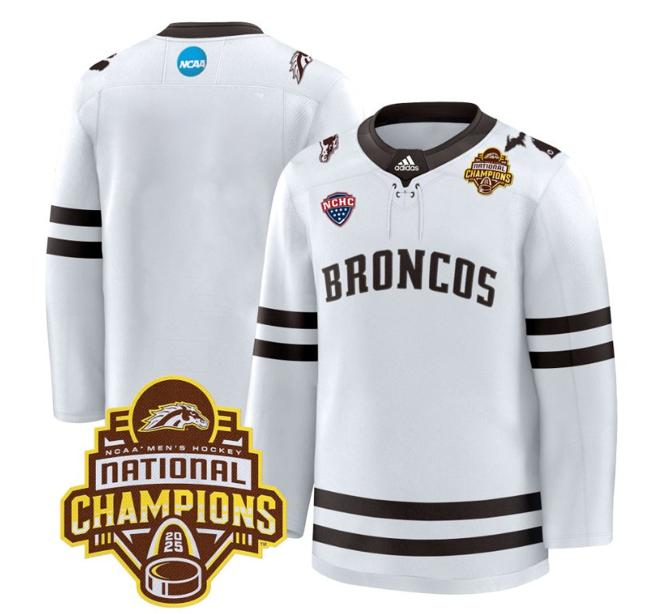 Men's Western Michigan Broncos Blank adidas 2025 NCAA Men's Hockey National Champions Patch Stitched Jersey White