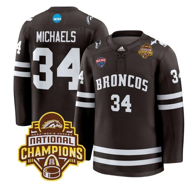 Men's Western Michigan Broncos Owen Michaels #34 adidas 2025 NCAA Men's Hockey National Champions Patch Stitched Jersey Brown