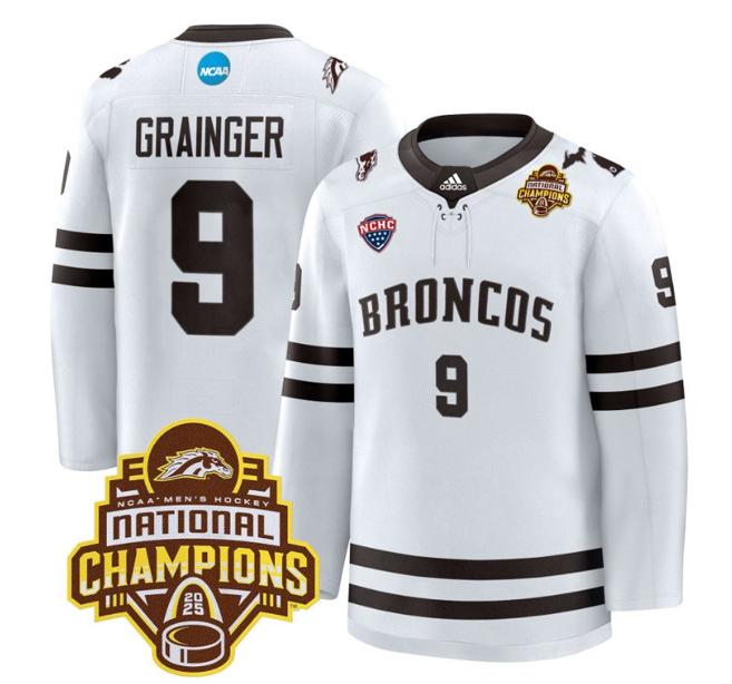 Men's Western Michigan Broncos Luke Grainger #9 adidas 2025 NCAA Men's Hockey National Champions Patch Stitched Jersey White