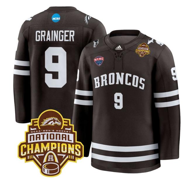 Men's Western Michigan Broncos Luke Grainger #9 adidas 2025 NCAA Men's Hockey National Champions Patch Stitched Jersey Brown