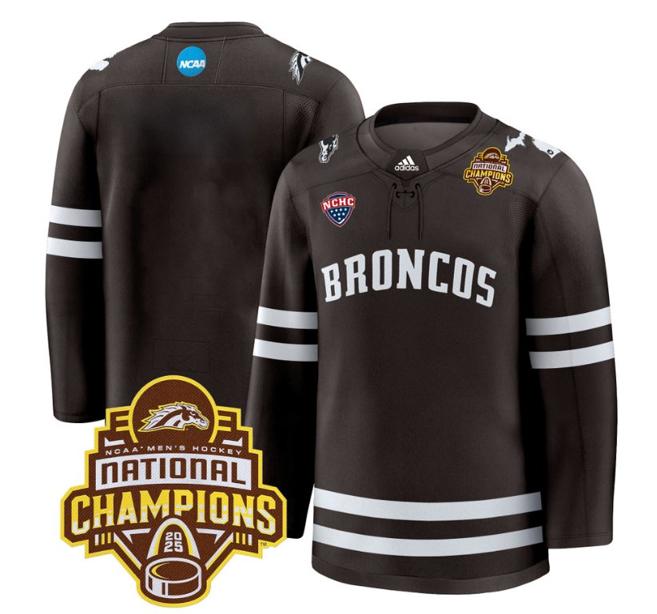 Men's Western Michigan Broncos adidas 2025 NCAA Men's Hockey 2025 National Champions Patch Stitched Jersey Brown