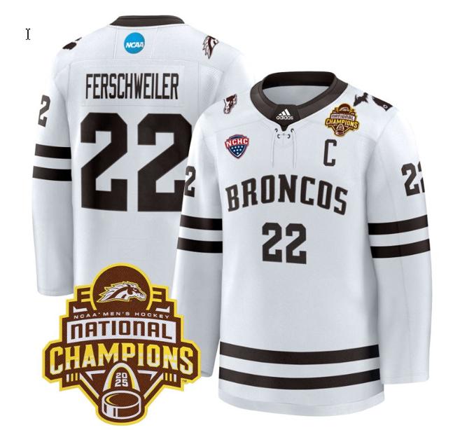 Men's Western Michigan Broncos Pat Ferschweiler #22 adidas 2025 NCAA Men's Hockey National Champions Patch Premium Stitched Jersey White