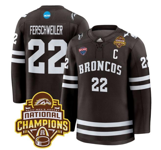 Men's Western Michigan Broncos Pat Ferschweiler #22 adidas 2025 NCAA Men's Hockey National Champions Patch Premium Stitched Jersey Brown