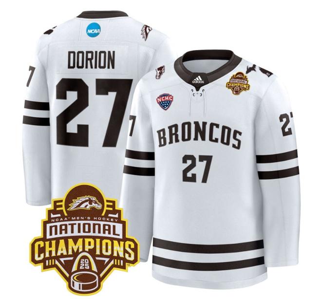 Men's Western Michigan Broncos Dan Dorion #27 adidas 2025 NCAA Men's Hockey National Champions Patch Premium Stitched Jersey White