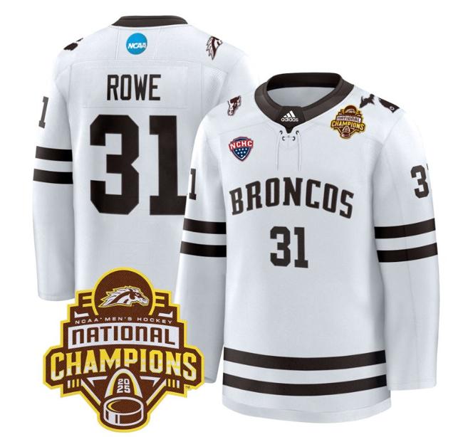 Men's Western Michigan Broncos Cameron Rowe #31 adidas 2025 NCAA Men's Hockey National Champions Patch Premium Stitched Jersey White