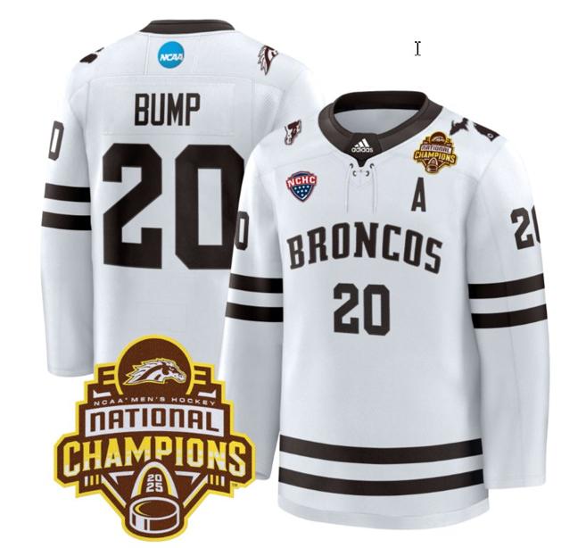 Men's Western Michigan Broncos Alex Bump #20 adidas 2025 NCAA Men's Hockey National Champions Patch Premium Stitched Jersey White