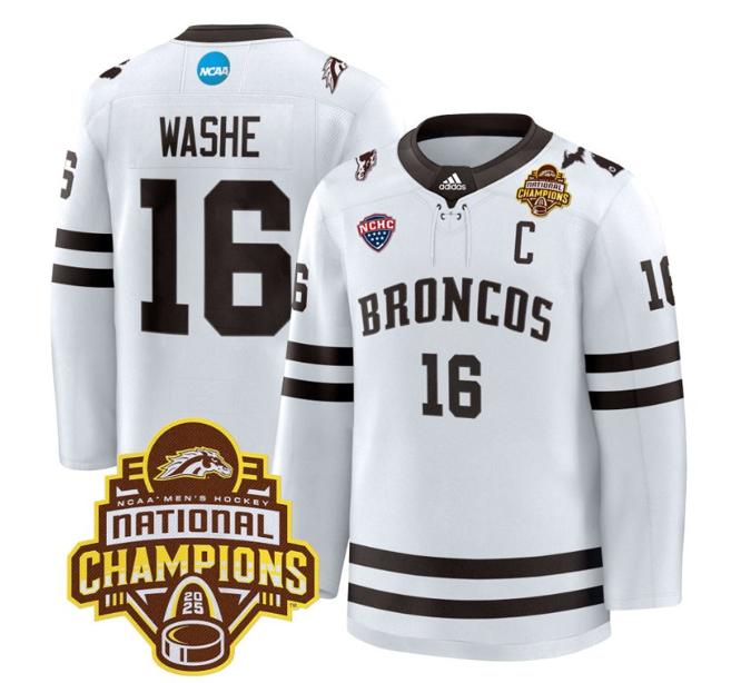 Men's Western Michigan Broncos Tim Washe #16 adidas 2025 NCAA Men's Hockey National Champions Patch Premium Stitched Jersey White