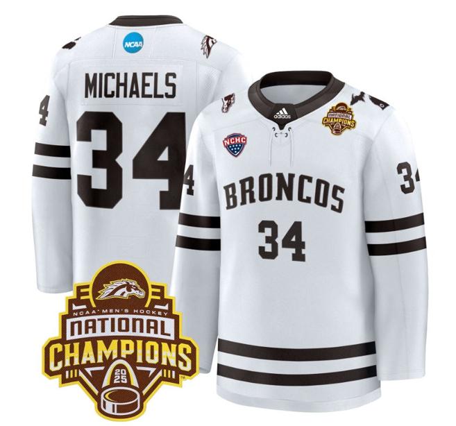 Men's Western Michigan Broncos Owen Michaels #34 adidas 2025 NCAA Men's Hockey National Champions Patch Stitched Jersey White