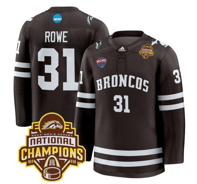 Men's Western Michigan Broncos Cameron Rowe #31 adidas 2025 NCAA Men's Hockey National Champions Patch Premium Stitched Jersey Brown