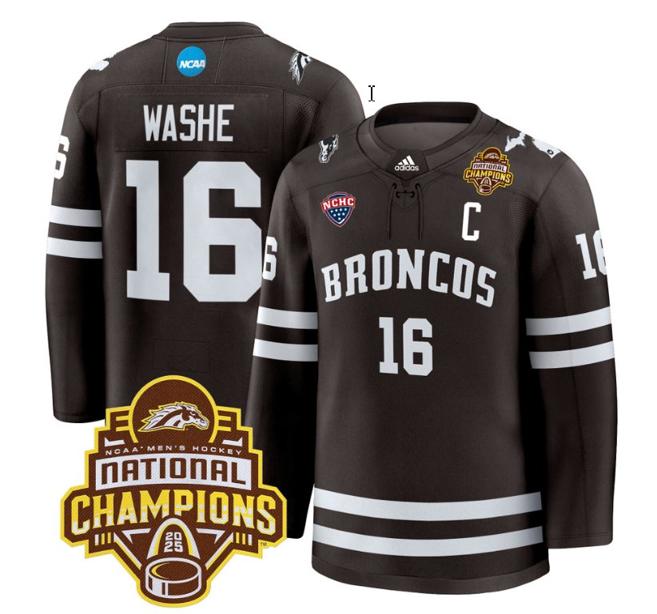 Men's Western Michigan Broncos Tim Washe #16 adidas 2025 NCAA Men's Hockey National Champions Patch Premium Stitched Jersey Brown