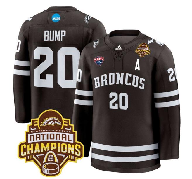 Men's Western Michigan Broncos Alex Bump #20 adidas 2025 NCAA Men's Hockey National Champions Patch Premium Stitched Jersey Brown