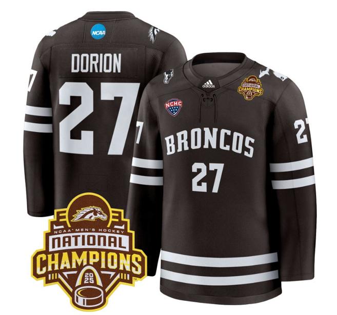 Men's Western Michigan Broncos Dan Dorion #27 adidas 2025 NCAA Men's Hockey National Champions Patch Premium Stitched Jersey Brown