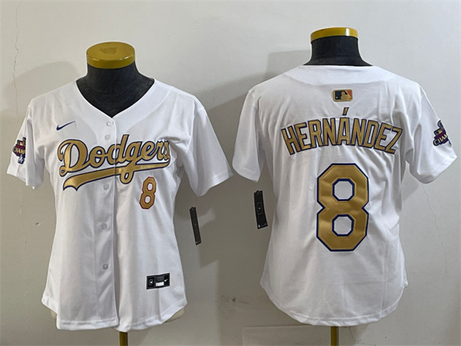Women's Los Angeles Dodgers #8 Enrique Hernández White 2024 World Series Champions 2025 Gold Collection Limited Stitched Baseball Jersey