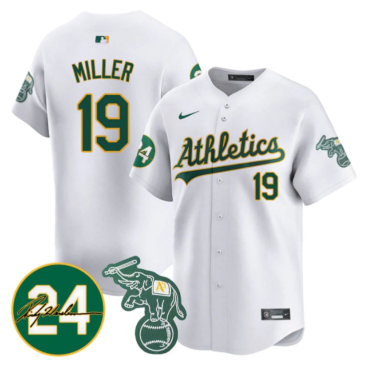 Men's Mason Miller Jersey #19 Oakland Athletics 2025 Rickey Henderson Memorial Stitched White