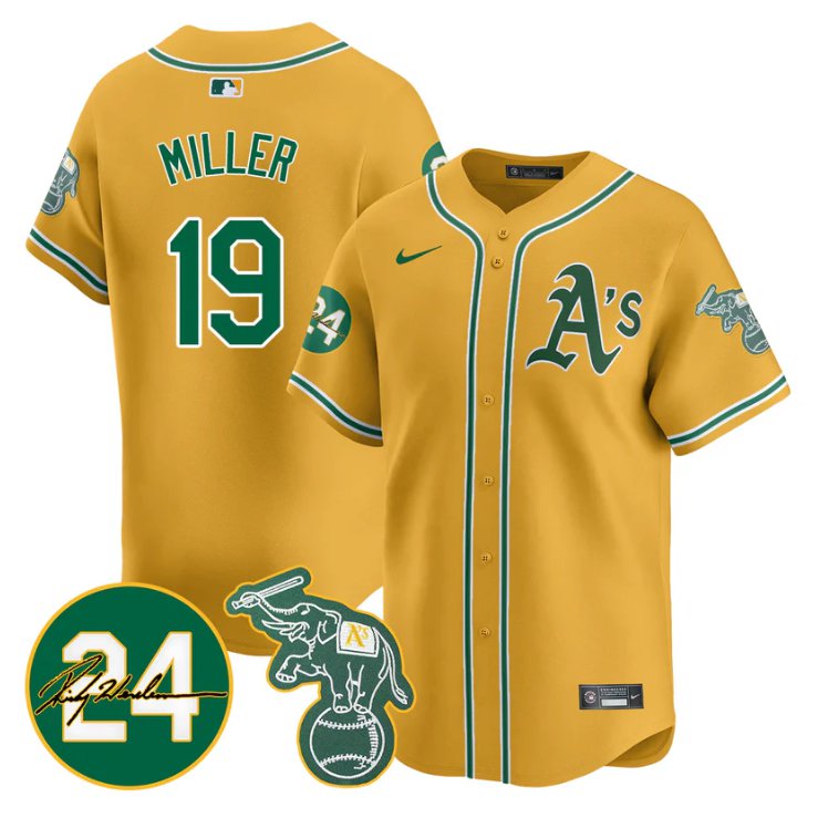 Men's Mason Miller Jersey #19 Oakland Athletics 2025 Rickey Henderson Memorial Stitched Yellow