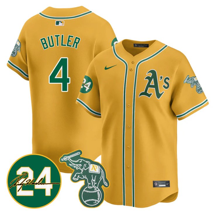 Men's Lawrence Butler Jersey #4 Oakland Athletics 2025 Rickey Henderson Memorial Stitched Yellow