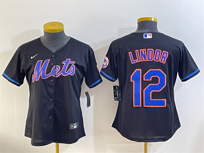Women's New York Mets #12 Francisco Lindor Black Cool Base Stitched Baseball Jersey