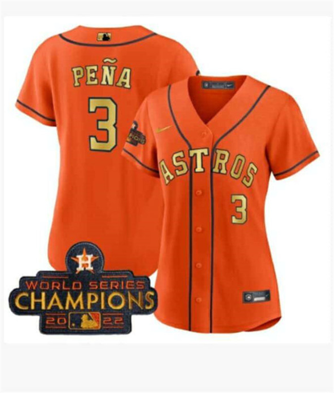 Women's Houston Astros #3 Jeremy Pena Orange Gold 2022 World Series Champions Stitched Baseball Jersey