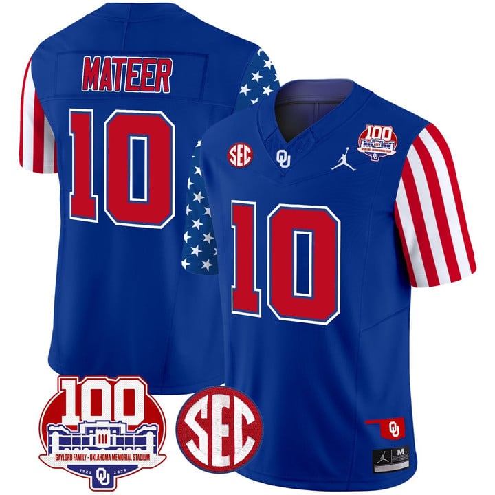 Men's Oklahoma Sooners #10 John Mateer 100th Royal Stitched Jersey