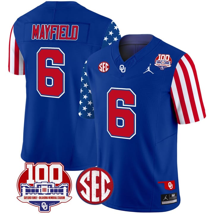 Men's Oklahoma Sooners #6 Baker Mayfield 100th Royal Stitched Jersey