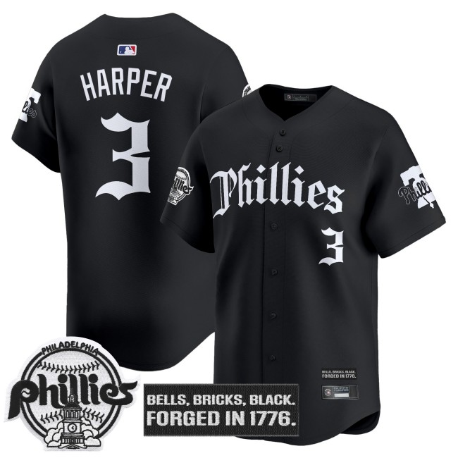 Men's Philadelphia Phillies #3 Bryce Harper Black 'Gothic Liberty Edition' Vapor Premier Limited Jersey - All Stitched