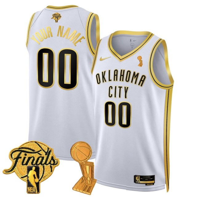 Custom OKC Thunder Nike 24-25 Trophy/Finals Patch Stitched Jersey White Gold